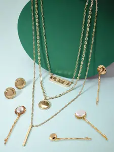 AMI Gold-Toned & Gold-Plated Contemporary Layered Chain Earring & Set of 4 Hair Pins