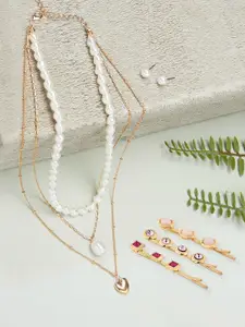 Ami Gold-Toned & Plated Beaded Layered Necklace With Earrings & Hair Pins