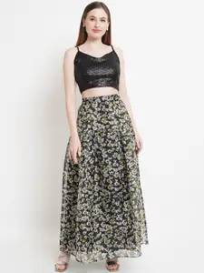 Purple State Women Black Sequinned Crop Top With Floral  Printed Skirt