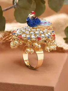 Zaveri Pearls Gold-Plated Blue & White Kundan Studded Meenakari Adjustable Finger Ring