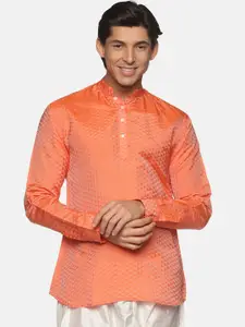 Sethukrishna Men Orange Ethnic Motifs Thread Work Handloom Kurta