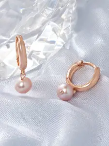 Zaveri Pearls Rose Gold-Plated & Pink Pearl Hoop Earring