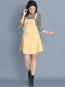 BUY NEW TREND Women Beige Solid Dungaree Skirt With T-Shirt