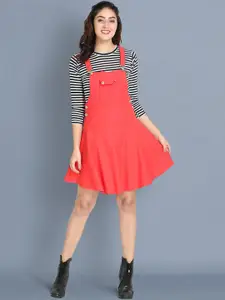 BUY NEW TREND Women Peach & White Solid Cotton Dungaree Skirt With Top