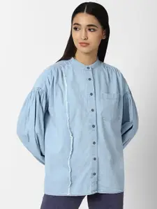 FOREVER 21 Women Blue Mandarin Collar Shirt Style Top