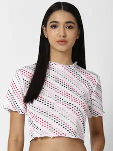 FOREVER 21 Women White Geometric Printed Crop Top