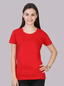 Fleximaa Women Red Solid Cotton T-shirt
