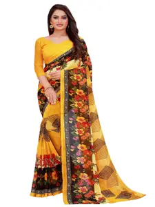 SAADHVI Yellow & Red Floral Pure Georgette Saree With Unstithed Blouse