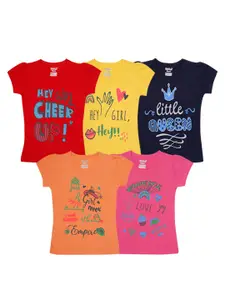Kiddeo Girls Pack of 5 Typography Printed Cotton T-shirt