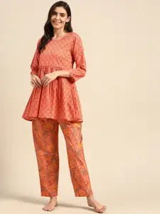 Prakrti Women Orange Printed Cotton Night suit