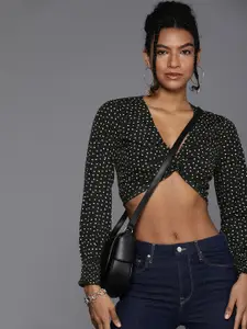 Style Quotient Black & White Print Twisted Crepe Crop Top