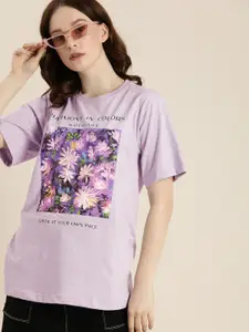 DILLINGER Women Lavender Floral Printed Pure Cotton Drop-Shoulder Sleeves Oversized T-shirt