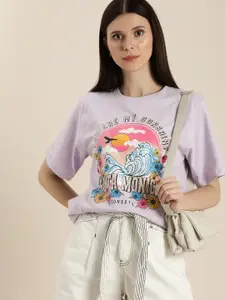 DILLINGER Women Lavender & Blue Printed Pure Cotton Loose T-shirt