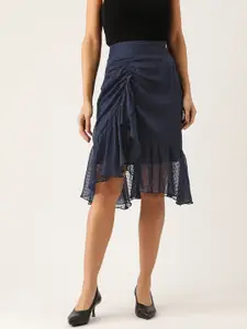 Antheaa Women Navy Blue Dobby Weave Frilled Pencil Skirt
