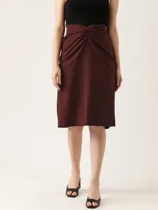 Antheaa Women Maroon Solid Ruched Pencil Skirt