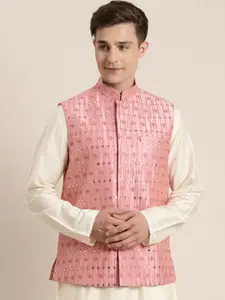 VASTRAMAY Men Pink Silk Blend Embroidered Mirror Work Nehru Jacket