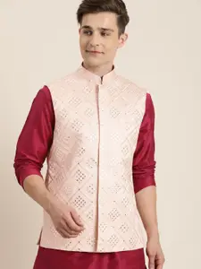 VASTRAMAY Men Pink Embellished Woven Slim-Fit Nehru Jacket