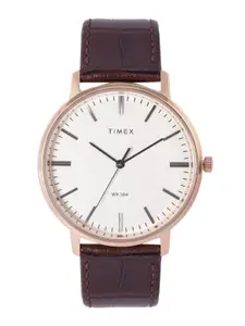 Timex Men Beige Brass Dial & Brown Croc Textured Leather Straps Analogue Watch TW0TG8002