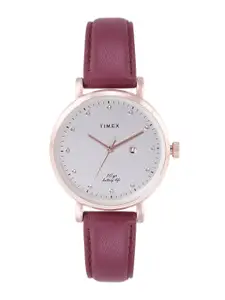 Timex Women Silver-Toned Embellished Dial & Red Leather Straps Analogue Watch TWEL12908