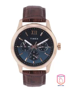 Timex Men Blue Dial & Brown Leather Straps Analogue Multifunction Watch TW0TG7601