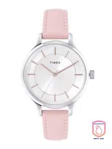 Timex Women Silver-Toned Printed Dial & Pink Leather Straps Analogue Watch TWEL14805