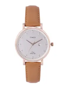 Timex Women Silver-Toned Brass Dial & Brown Leather Straps Analogue Watch TWEL12907