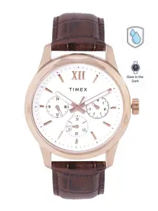 Timex Men White Dial & Brown Leather Straps Analogue Multi Function Watch TW0TG7600
