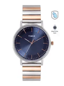 Timex Men Blue Dial & Rose Gold-Plated Stainless Steel Straps Analogue Watch TW0TG8008