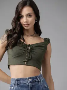 Roadster Olive Green Solid Ribbed Tie-Up Detail Crop Top