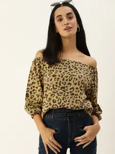 Kook N Keech Brown & Black Leopard Print Pure Cotton Bardot Top