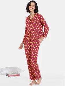 Zivame Women Red & Yellow Printed Pure Cotton Night suit