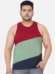 John Pride Men Plus Size Maroon & Green Colourblocked Tank Cotton T-shirt