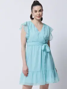MARC LOUIS Women Turquoise Blue Georgette Wrap Dress