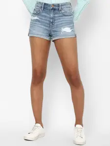 AMERICAN EAGLE OUTFITTERS Women Blue Washed High-Rise Denim Shorts