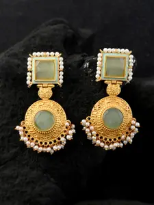 Silvermerc Designs Gold-Plated Green Stone Studded Square Drop Earrings