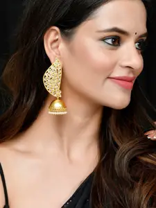 Silvermerc Designs Gold-Plated Kundan Studded Leaf Shaped Jhumkas Earrings