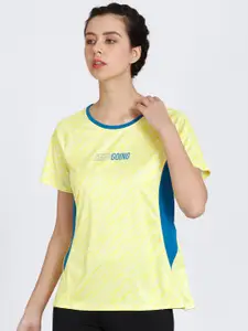 Zelocity by Zivame Women Yellow & Blue Printed Training or Gym T-shirt