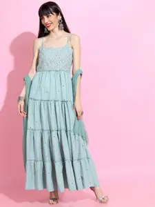 Vishudh Women Sea Green & Silver-Coloured Strappy Tiered Dress With Dupatta