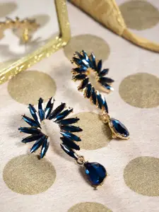 YouBella Gold-Plated & Navy Blue Contemporary Stone-Studded Drop Earrings
