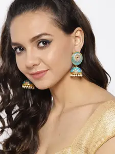 YouBella Gold-Toned & Blue Contemporary Jhumkas Earrings