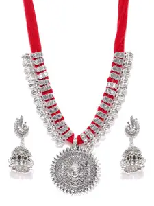 YouBella Silver-Toned & Red Oxidised Necklace With Earring