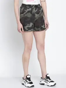 Rute Women Olive Green & Brown Camouflage Printed Cotton Shorts