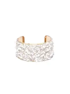 YouBella Women Off White & Green Gold-Plated Cuff Bracelet