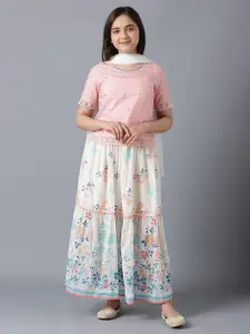 AURELIA Girls Pink & Off White Top with Skirt with Dupatta