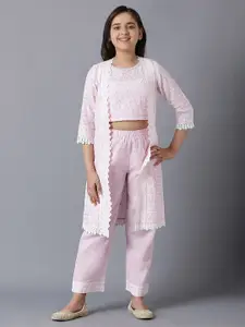 AURELIA Girls Pink Top with Trousers & Ethnic Jacket