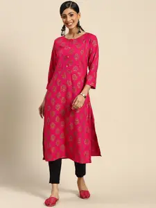 Sangria Women Fuchsia Pink & Navy Blue Ethnic Motifs Printed Kurta