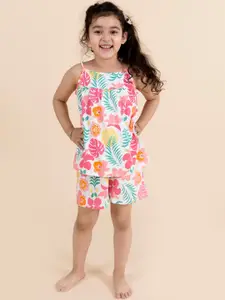 pspeaches Girls White & Pink Printed Cotton Night suit
