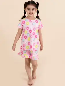 pspeaches Girls Pink & Yellow Printed Cotton Night suit