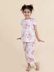 pspeaches Girls Pink & White Printed Night suit