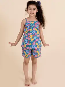 pspeaches Girls Blue & Pink Printed Cotton Night suit